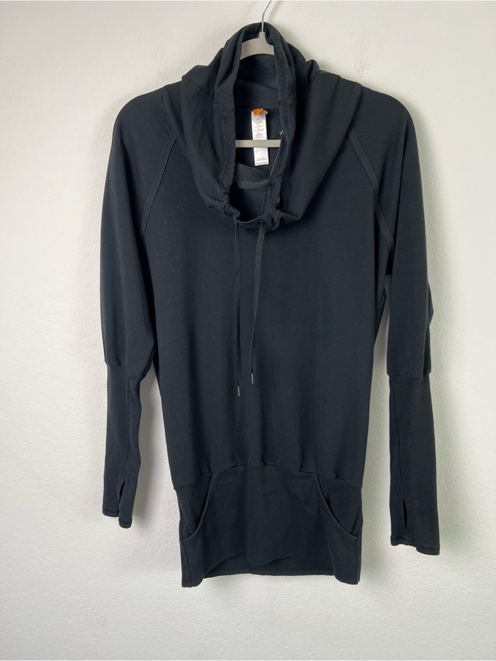 Lucy Black Funnel Cowl Neck Kangaroo Pocket Slim Sleeve Sweatshirt